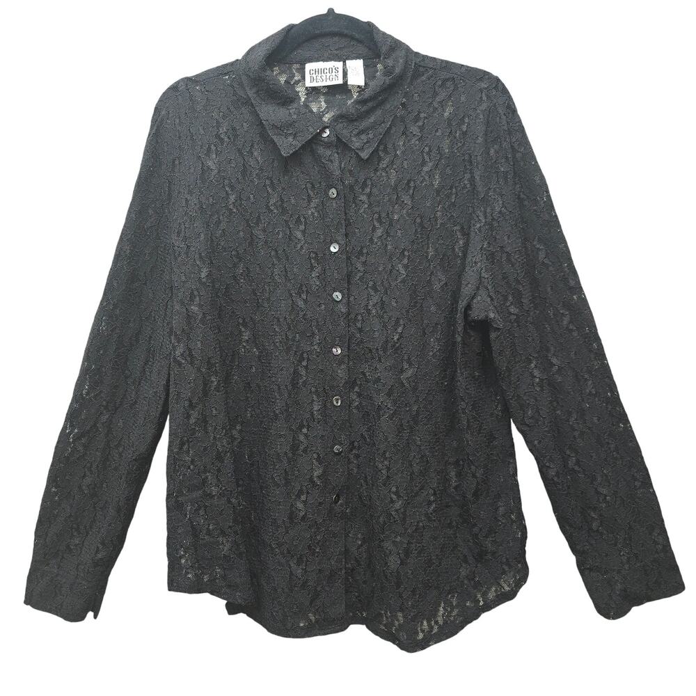 VTG Chico's Design Button Up Top Womens Size X-Large Black Lace Whimsigoth Y2K